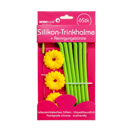 KOCHBLUME Silikon Trinkhalme + Reinigungsbürste 6er Set